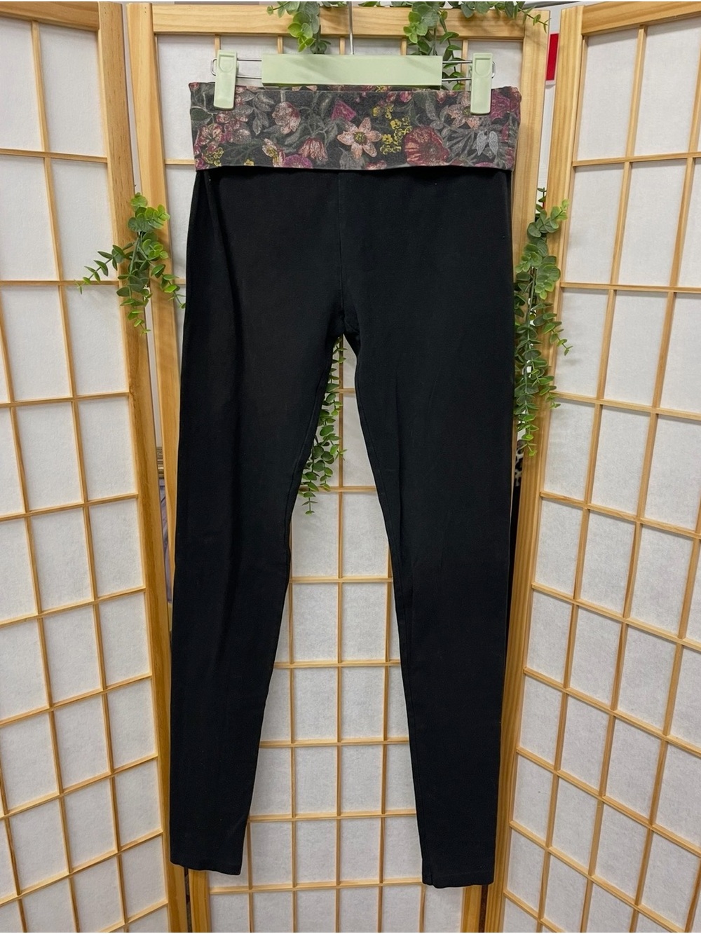 Victoria's Secret Black Leggings with Floral Fold-Over Waistband